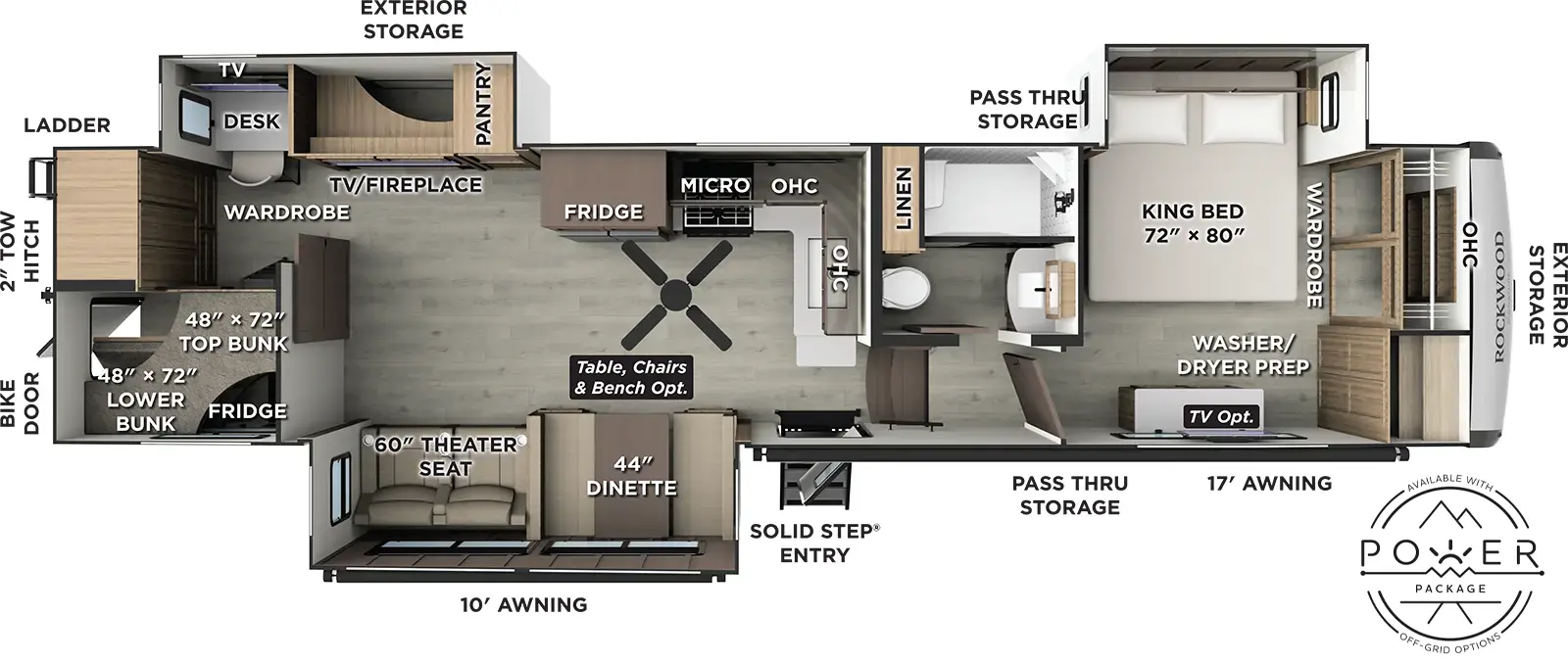 The Rockwood Signature Fifth Wheels 405SBH floorplan has one entry and three slide outs. Exterior features include: fiberglass exterior and 10' & 17' awning. Interiors features include: bunk beds and front bedroom.